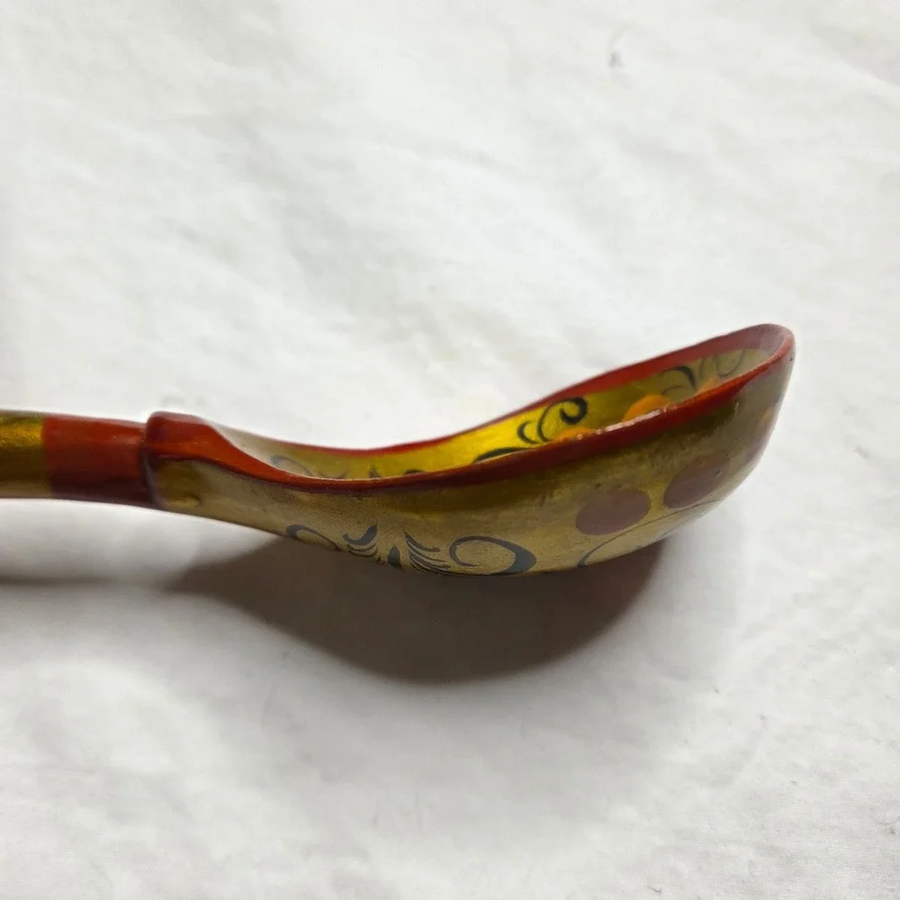 Hand Painted Wooden Spoon Russian Khokhloma Style Floral‎ Design Gold Red Green